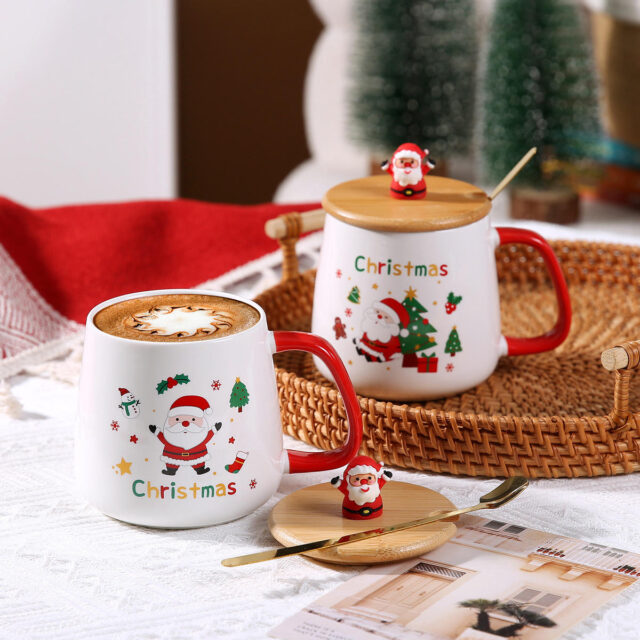 Santa Claus Christmas Tree Ceramic Mug with Lid and Spoon (1) ceramic mug with lid and spoon