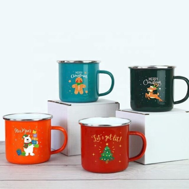 Wholesale Autumn Ceramic Enamel Camping Mugs 210–500ml (4) ceramic enamel mugs with rolled rim